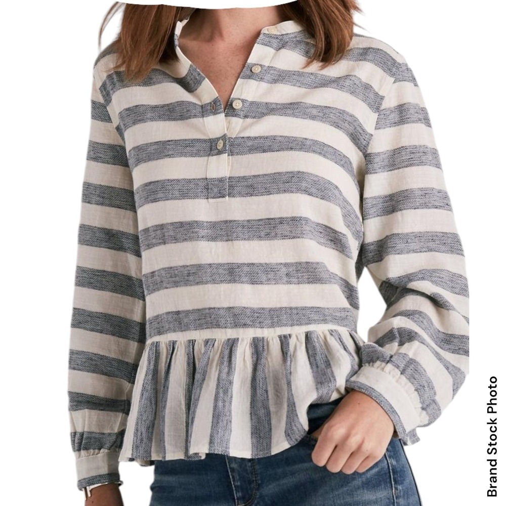 Lucky Brand Peplum Top Womens Medium White Striped Henley Boho Ruffle Western - Picture 1 of 16